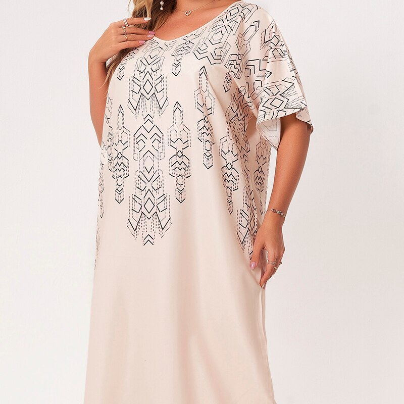 2021 New Summer Maxi Dress Women Plus Size Apricot V-neck Short Sleeve Loose Retro Geometric Print Casual Elegant Long Robes 4XL