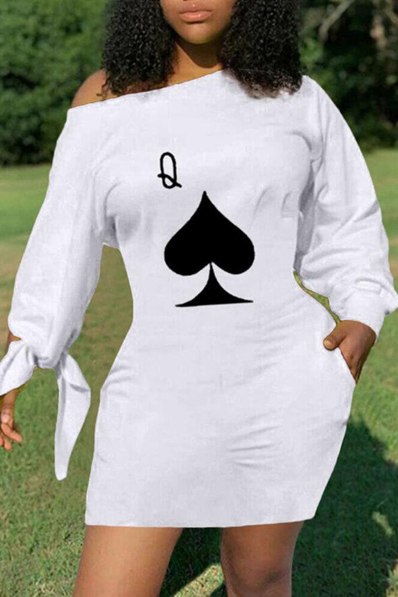 [Pre-Sale] Plus Size Casual Poker Queen Print Oblique Collar Mini Dresses - Fashionaviv-Mini Dresses-[product_label]