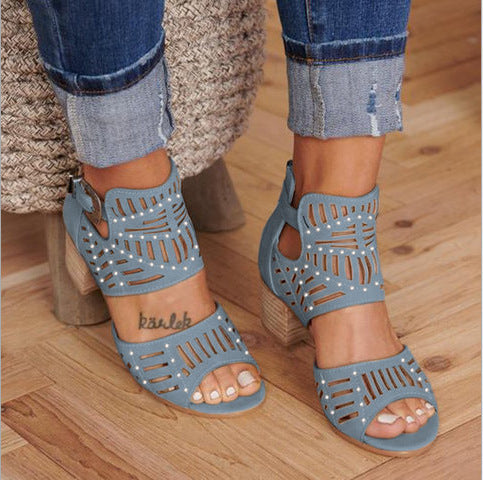 Casual Hollow Out Thick Heel Sandals Shoes - Fashionaviv
