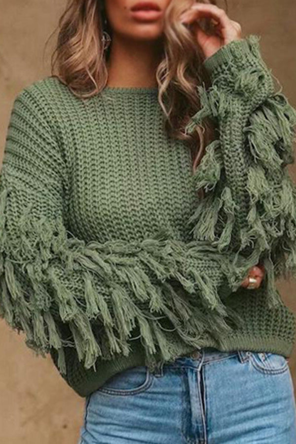 Loose Knit Fringe Long Sleeve Pullover Sweater