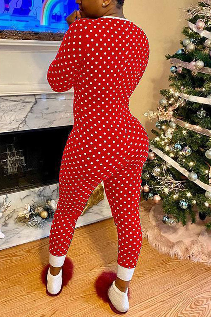 Plus Size Christmas Polka Dot Split Neck Sexy Jumpsuit Pajamas Onesie