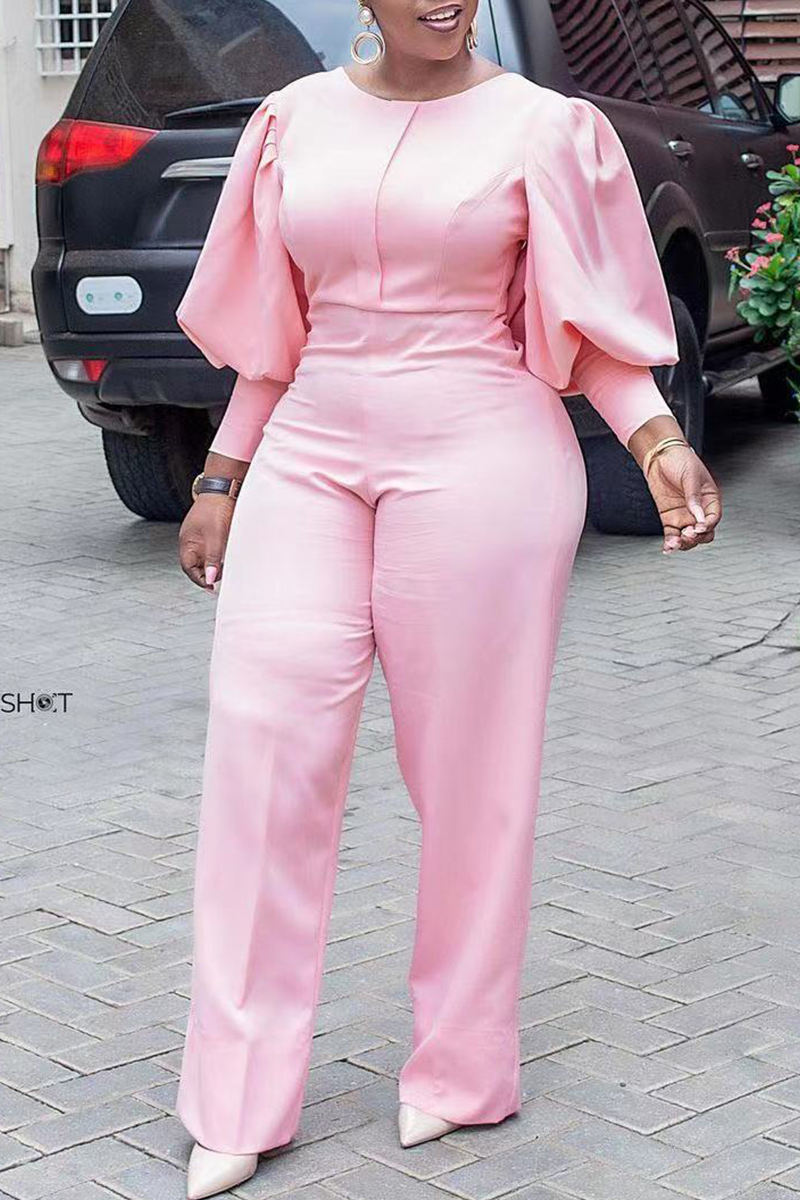 Plus Size Solid Split Joint O Neck Puff Long Sleeve Jumpsuits